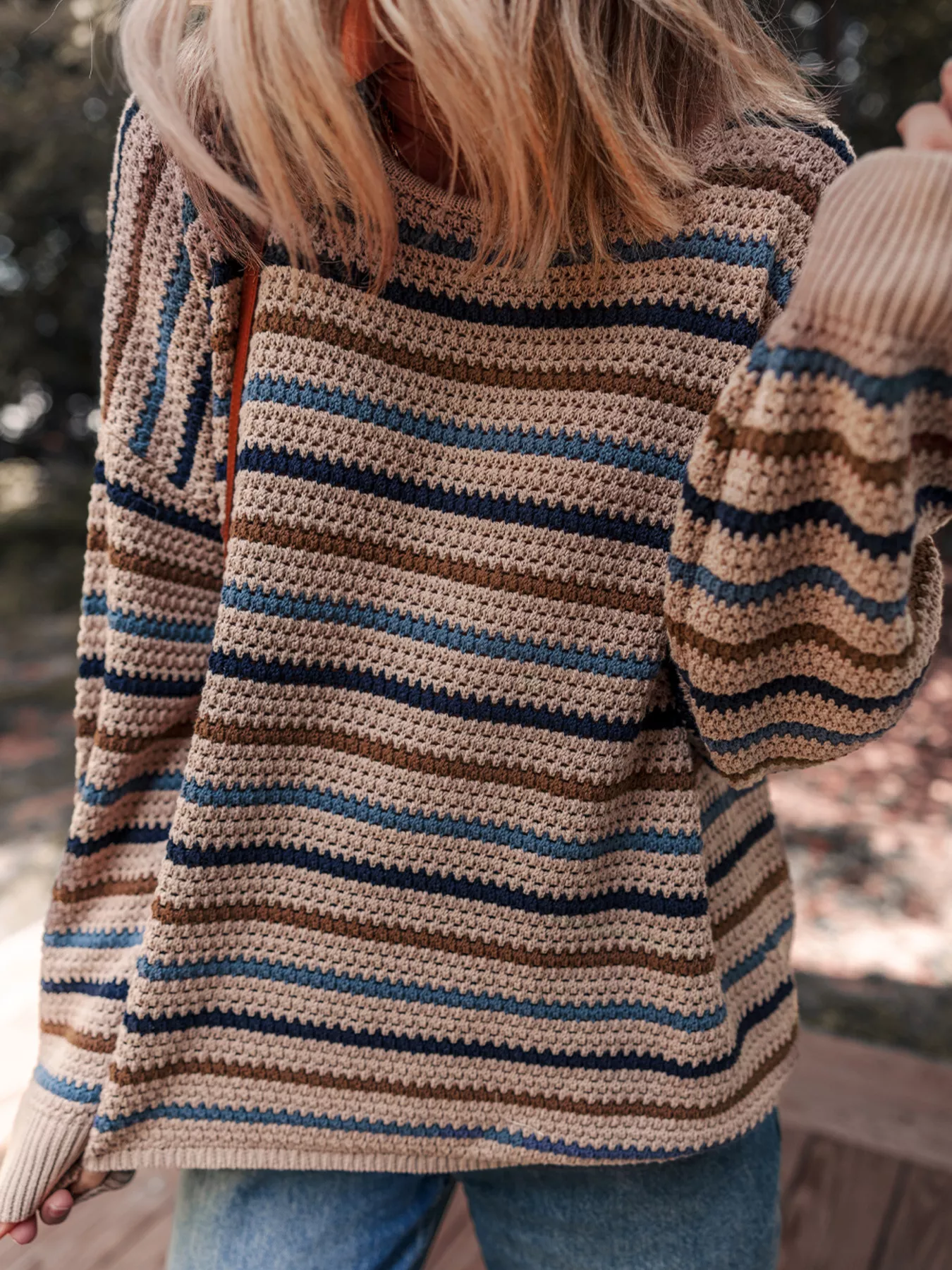 Multicolour Striped Knitted Drop Shoulder Round Neck Sweater - Image 6
