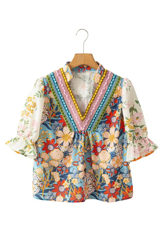 Multicolour V Neck Half Sleeve Boho Floral Blouse - Image 16