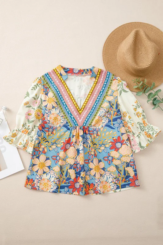 Multicolour V Neck Half Sleeve Boho Floral Blouse - Image 17