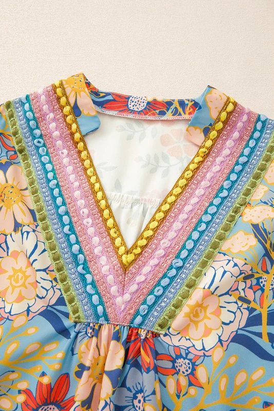 Multicolour V Neck Half Sleeve Boho Floral Blouse - Image 19