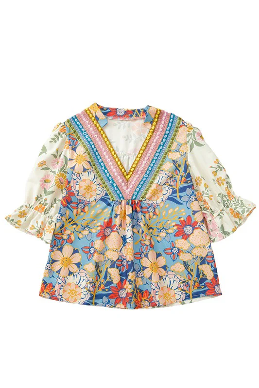 Multicolour V Neck Half Sleeve Boho Floral Blouse - Image 23