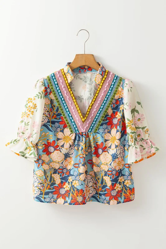 Multicolour V Neck Half Sleeve Boho Floral Blouse - Image 9
