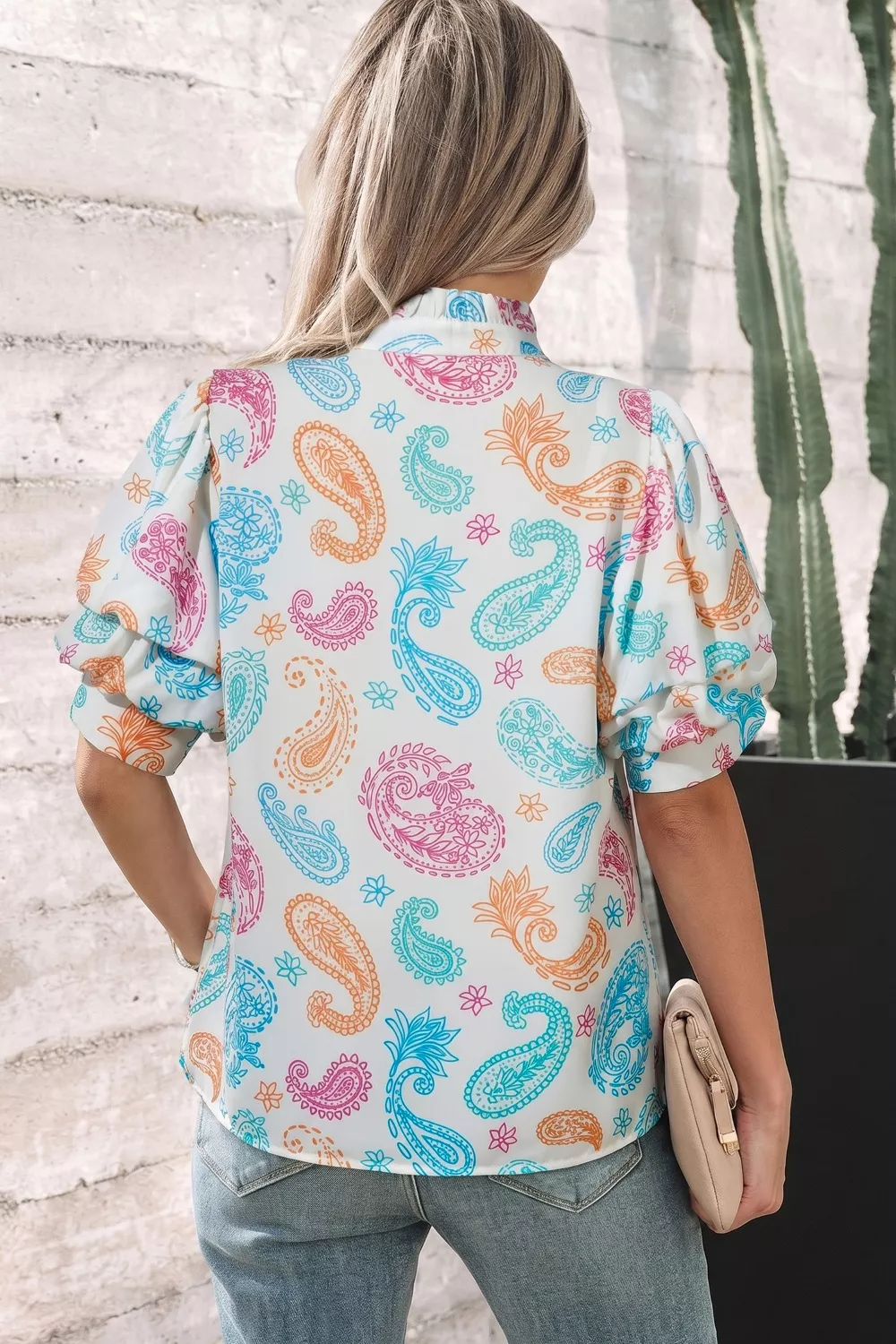 Multicolour Vibrant Paisley Printed Button Keyhole Puff Sleeve Blouse - Image 3