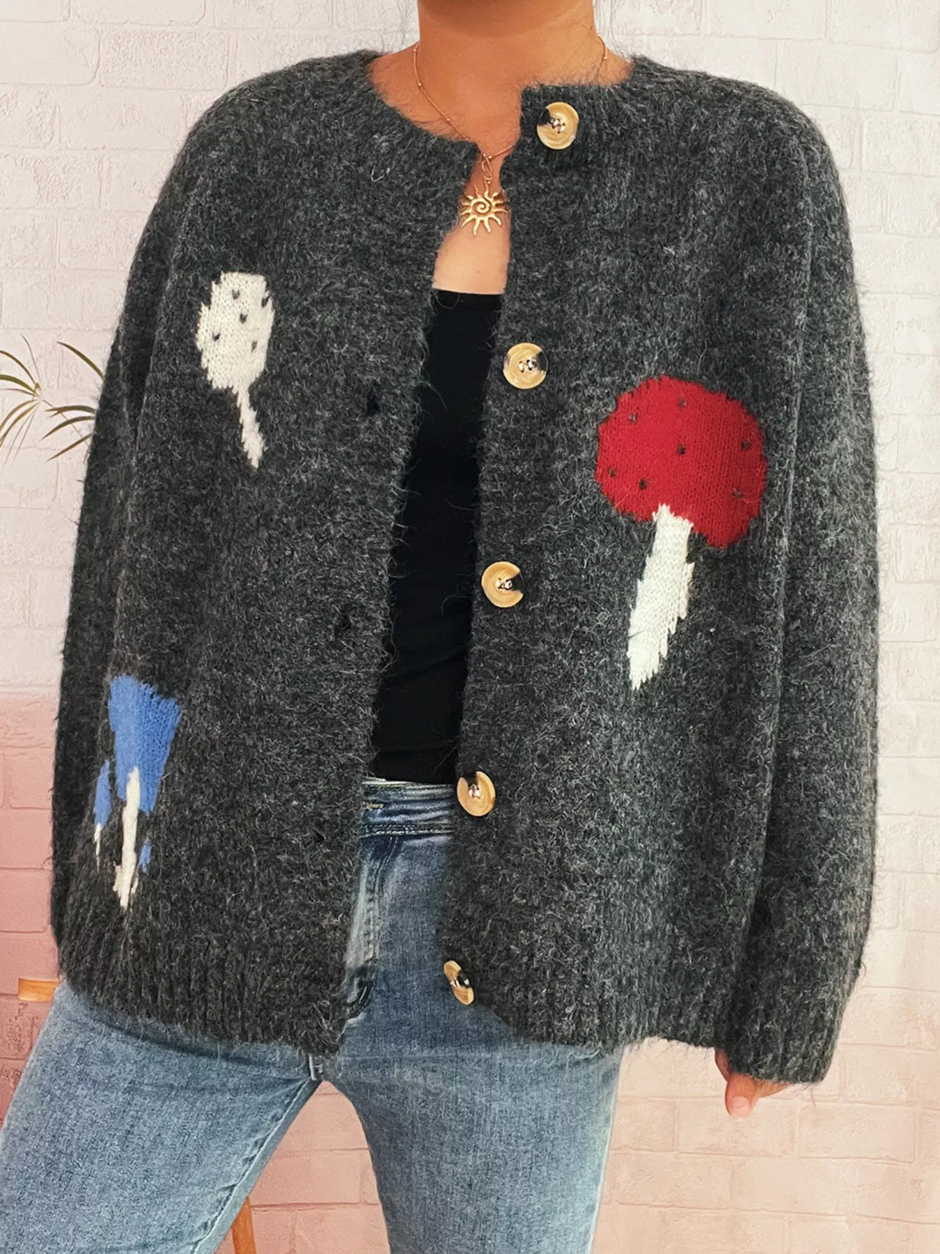 Mushroom Pattern Button-Up Cozy Knit Cardigan - Image 10