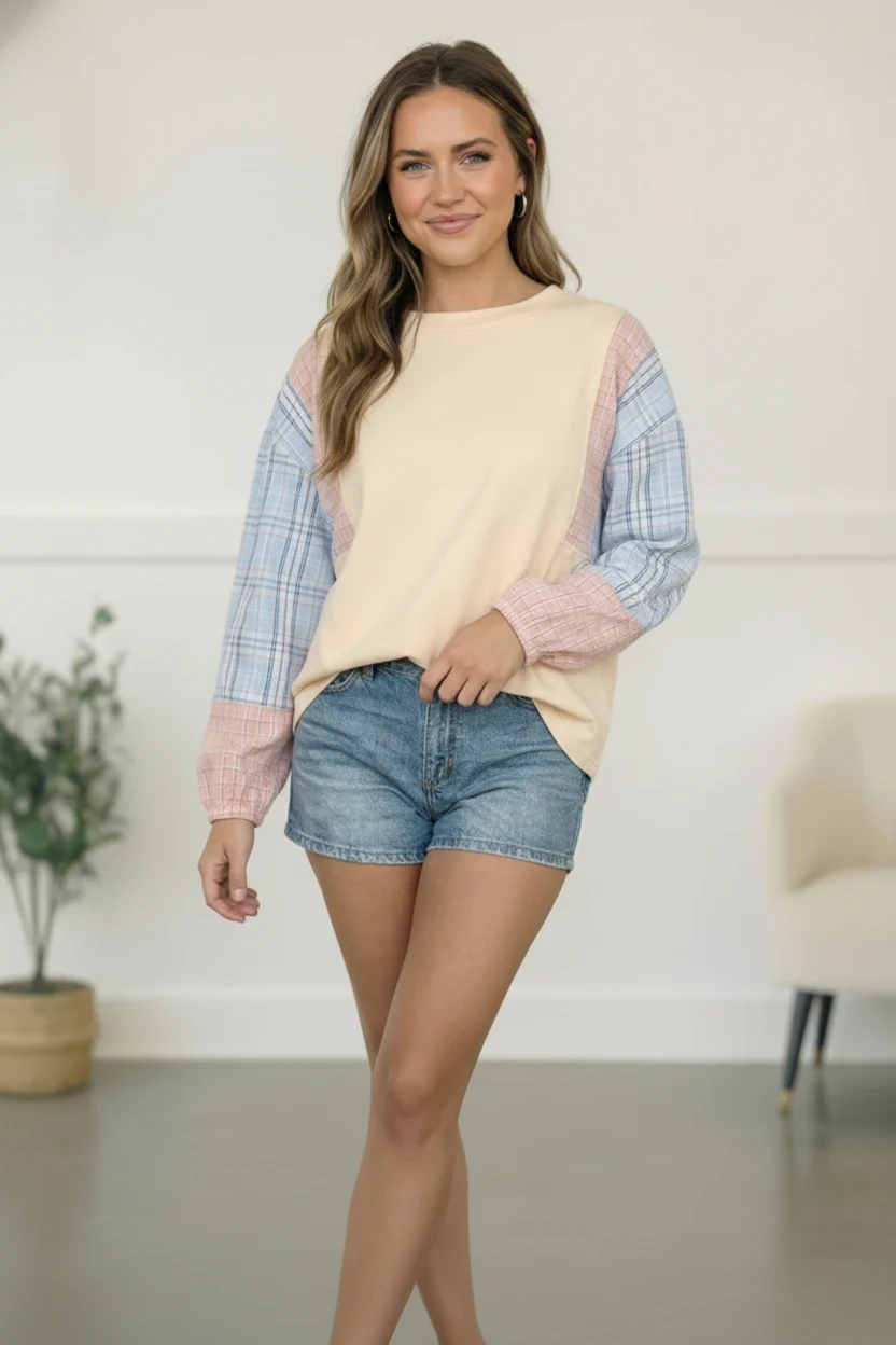 My Casual Cutie Oatmeal Patchwork Top - Image 3