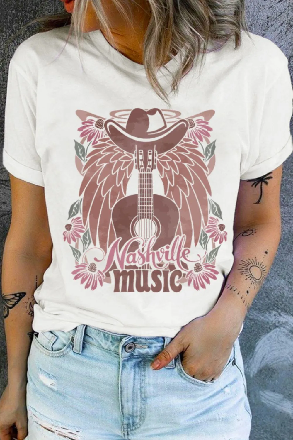 Nashville Music Guitar Wings Graphic Round Neck T-Shirt - Image 2