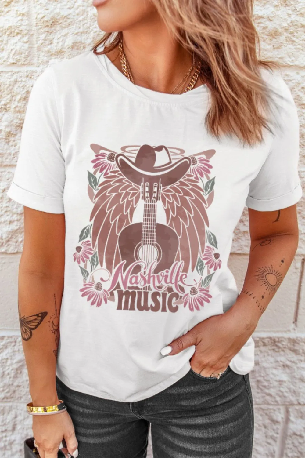 Nashville Music Guitar Wings Graphic Round Neck T-Shirt - Image 3