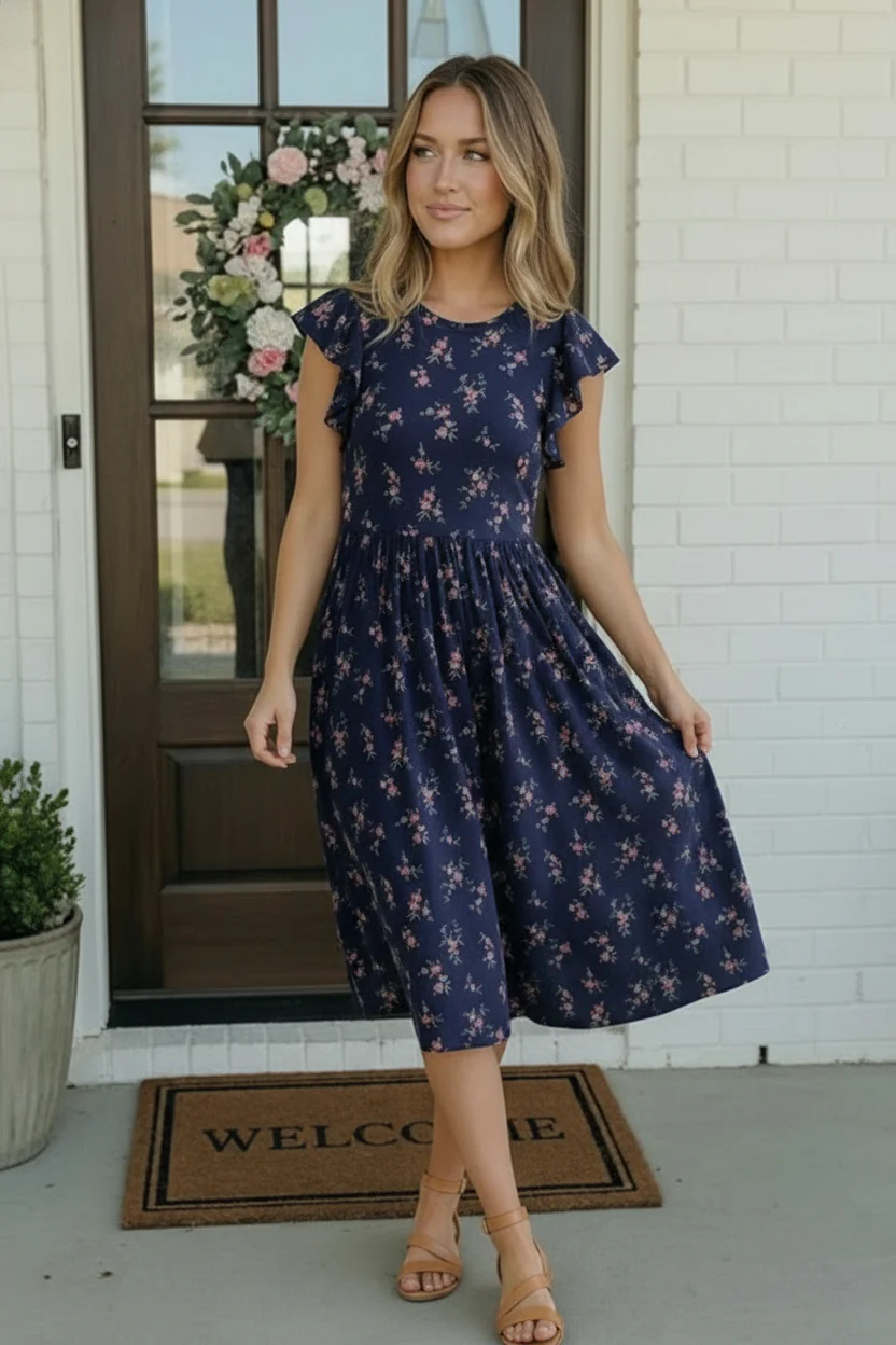 Navy Floral Flutter Sleeve Midi Dress - Image 6