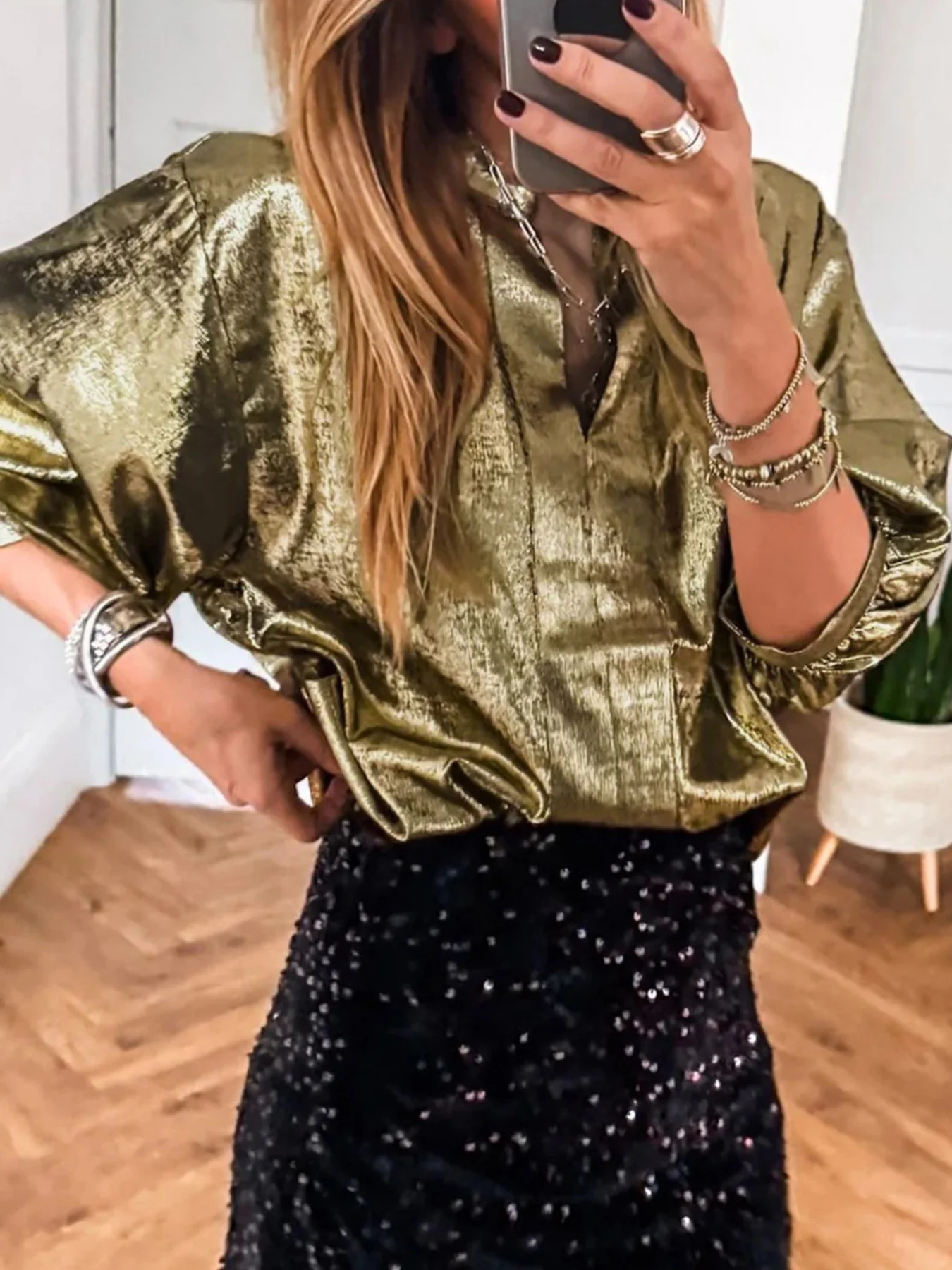 Notched 3/4 Sleeve Blouse - Image 7
