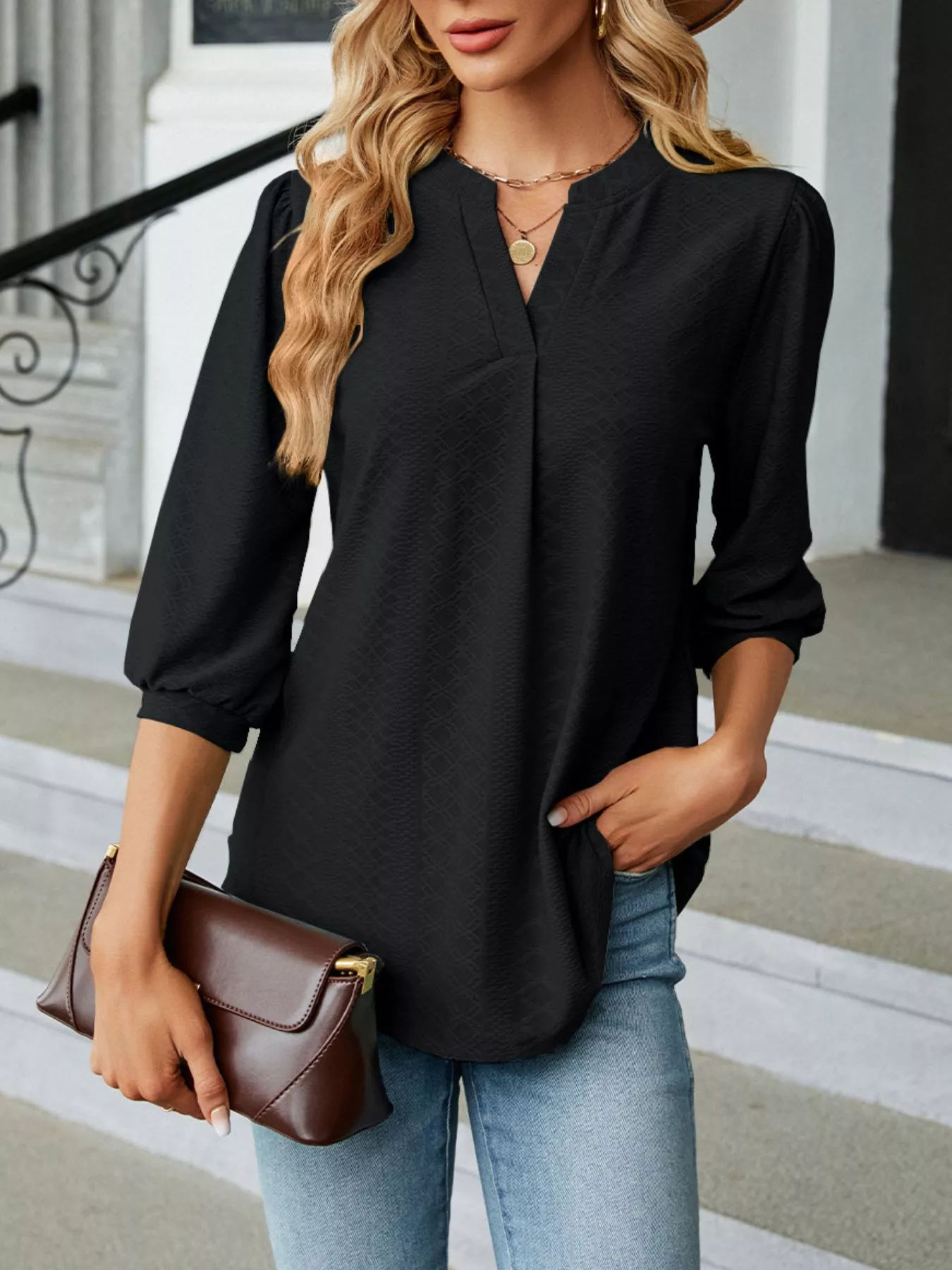 Notched 3/4 Sleeve Casual Top - Image 17