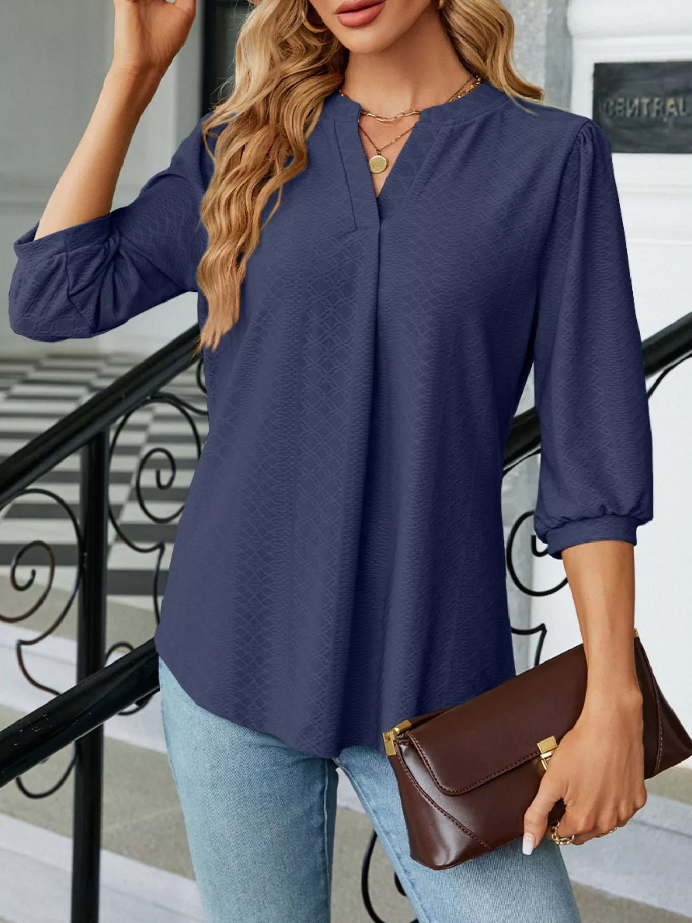 Notched 3/4 Sleeve Casual Top - Image 19