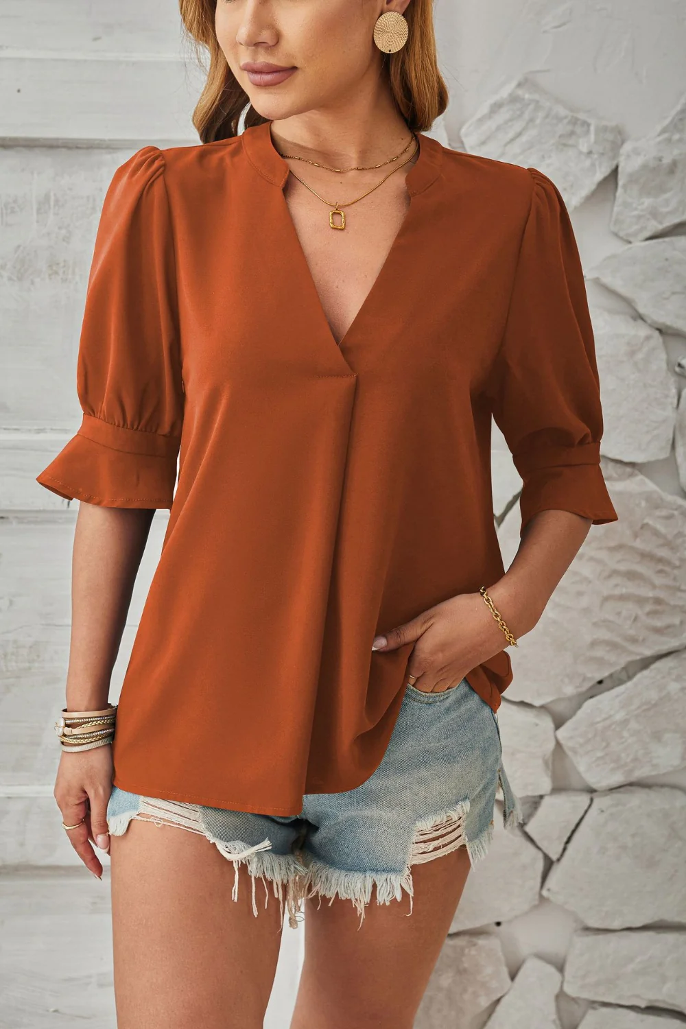 Notched Half Sleeve Blouse - Image 4
