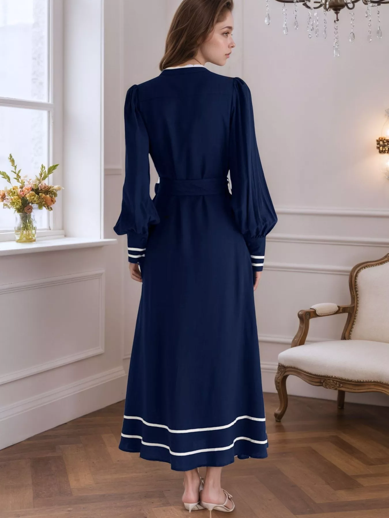Notched Lantern Sleeve Dress - Image 3