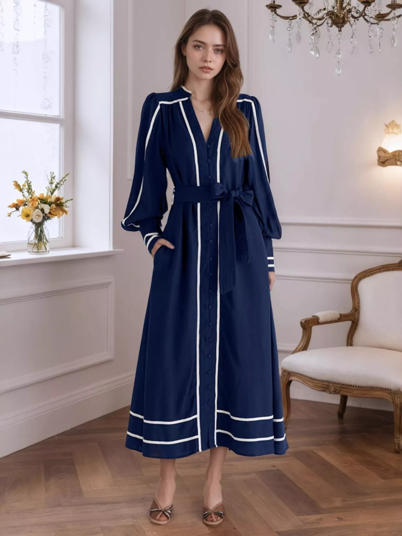 Notched Lantern Sleeve Dress - Image 4