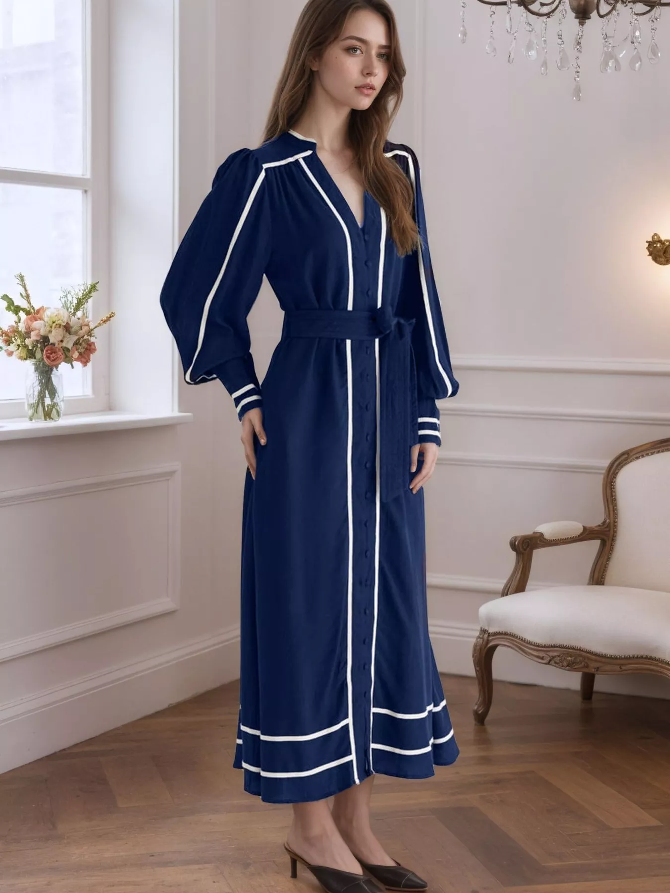 Notched Lantern Sleeve Dress - Image 5