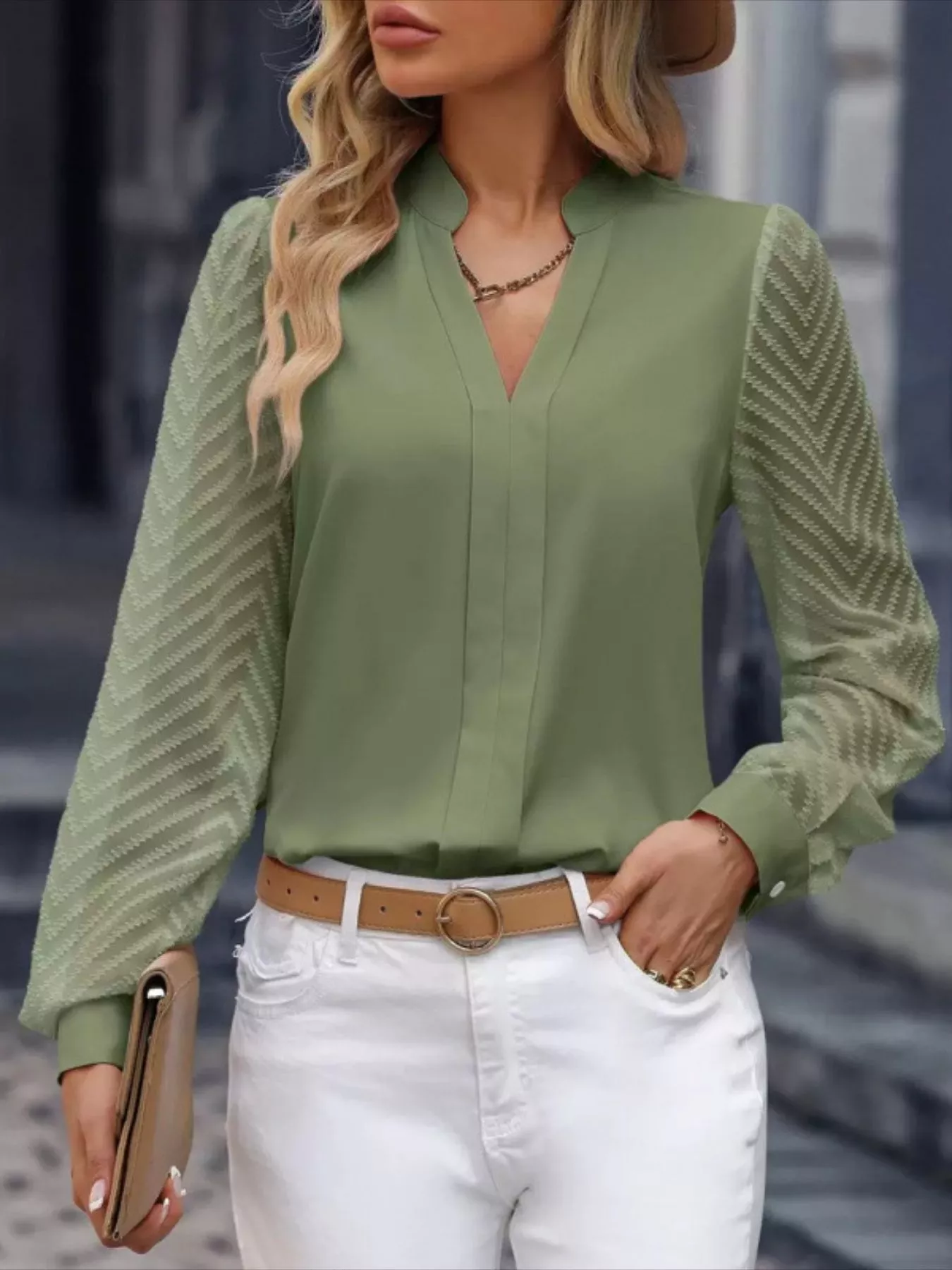 Notched Long Sleeve Blouse - Image 13