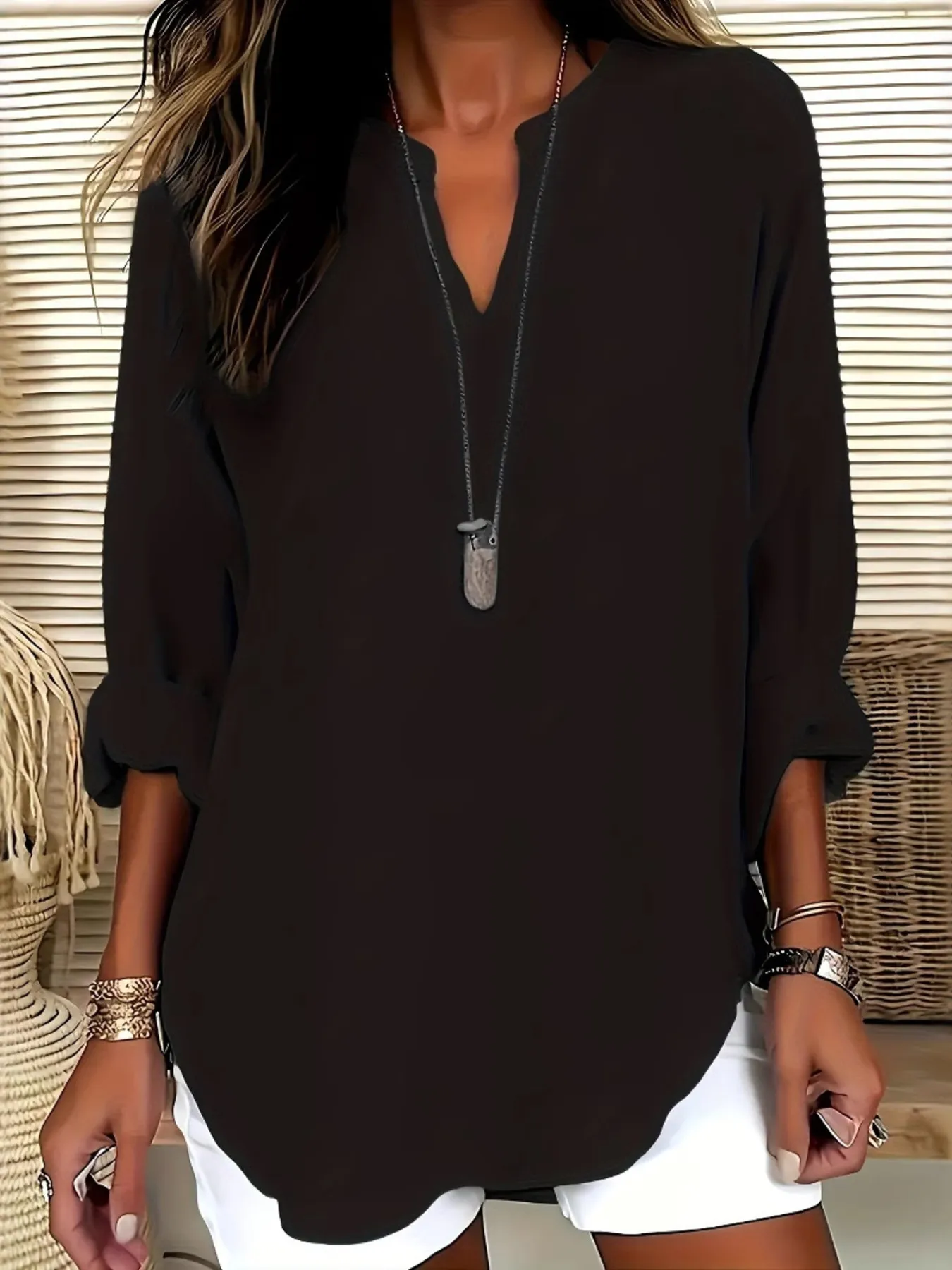 Notched Long Sleeve Casual Blouse - Image 11