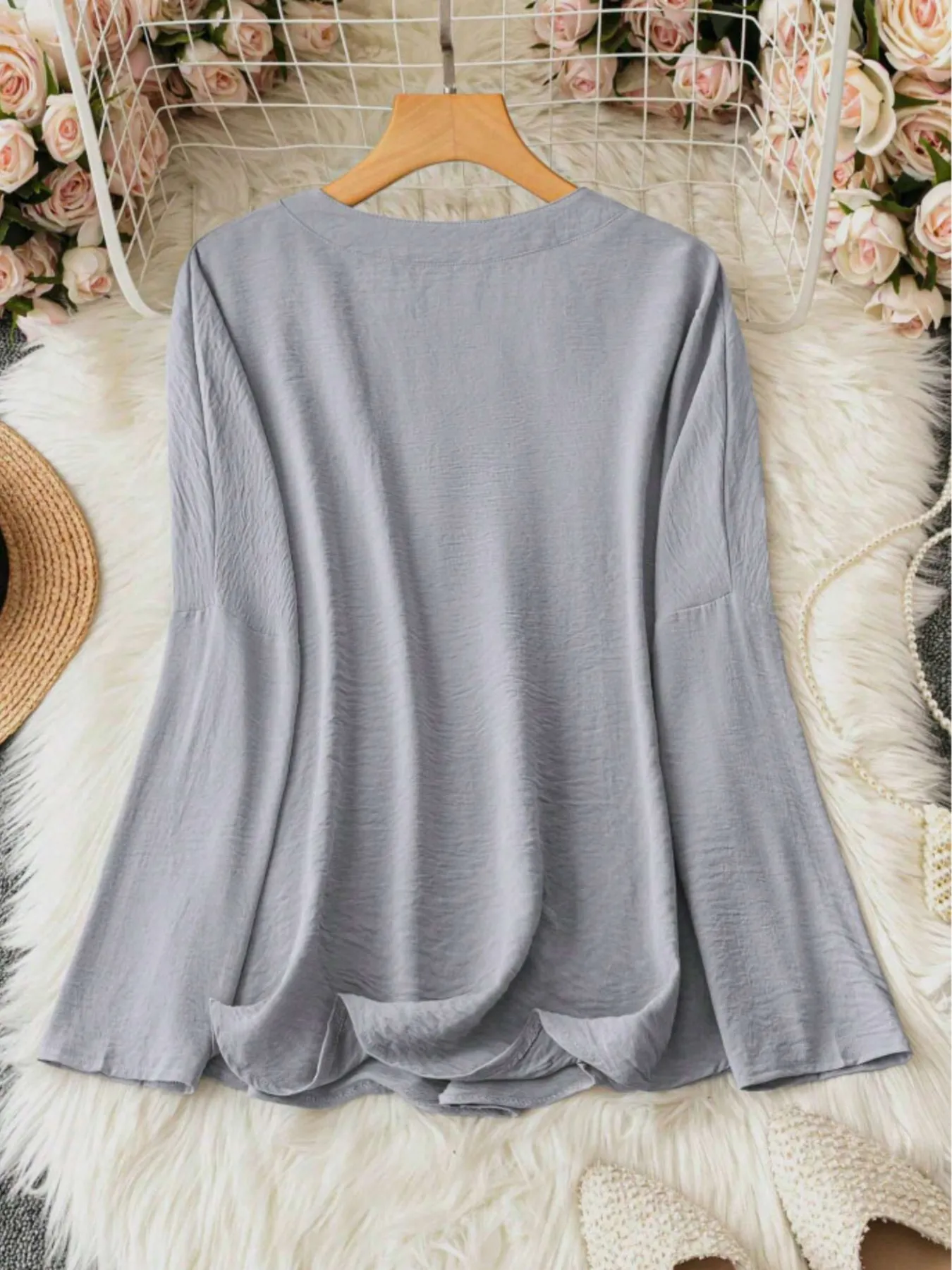Notched Long Sleeve Casual Blouse - Image 6