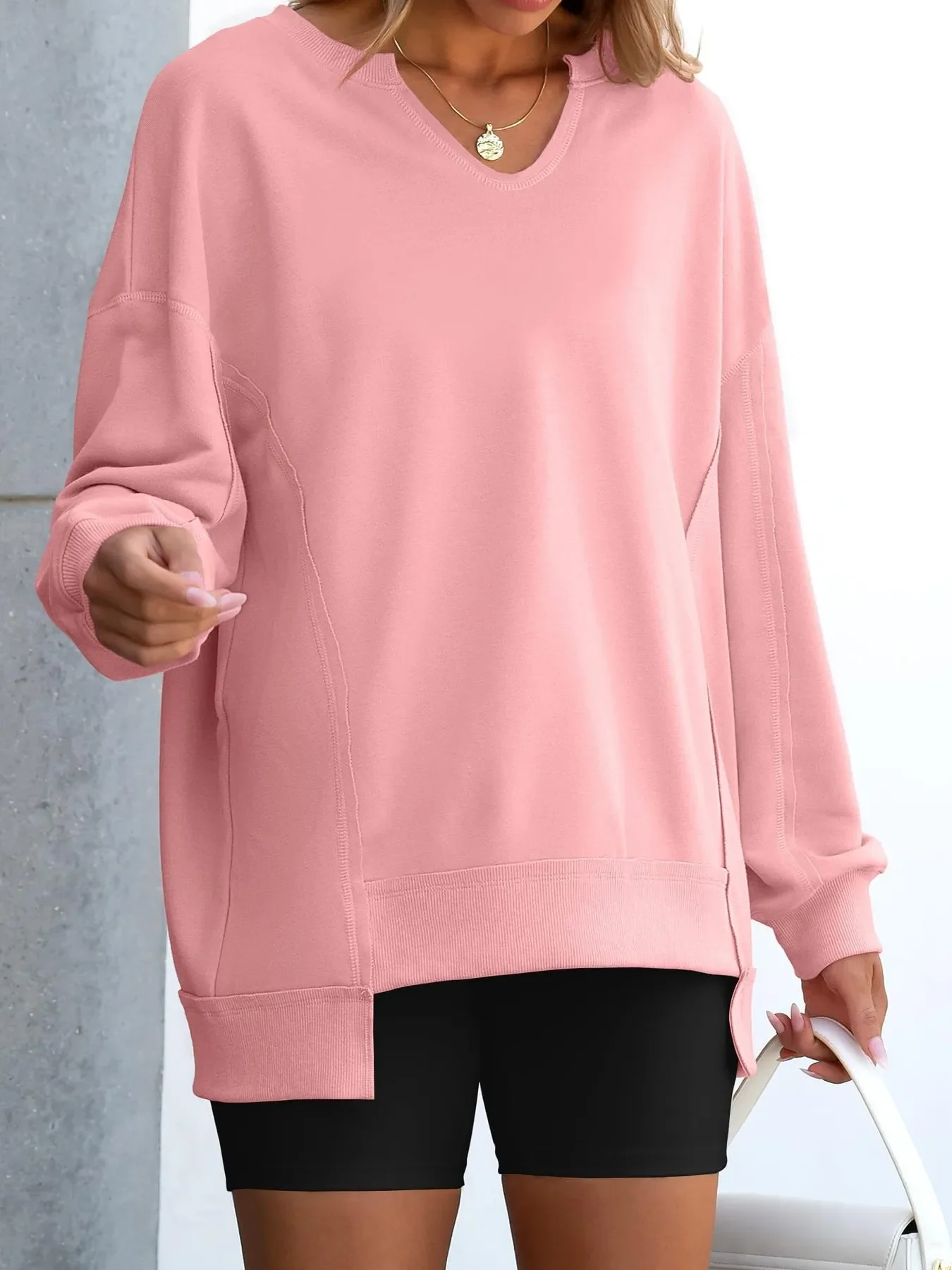 Notched Long Sleeve Oversized Sweatshirt - Image 24