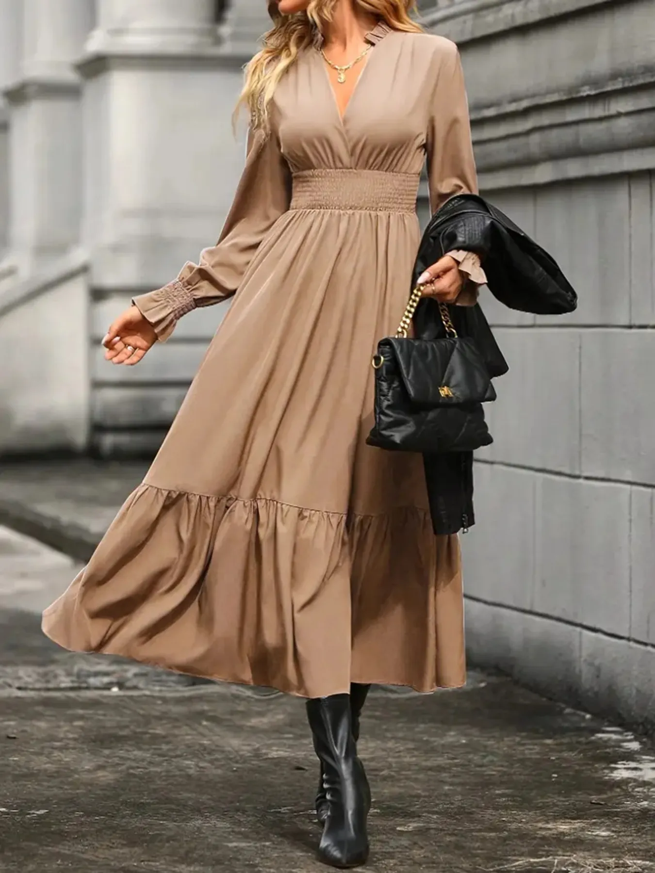 Notched Long Sleeve Tiered Dress - Image 17