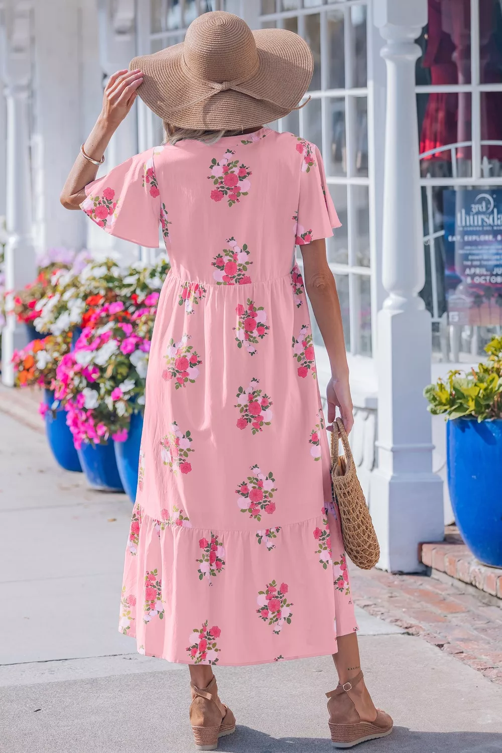 Notched Neck Flutter Short Sleeve Floral Print Dress - Image 2