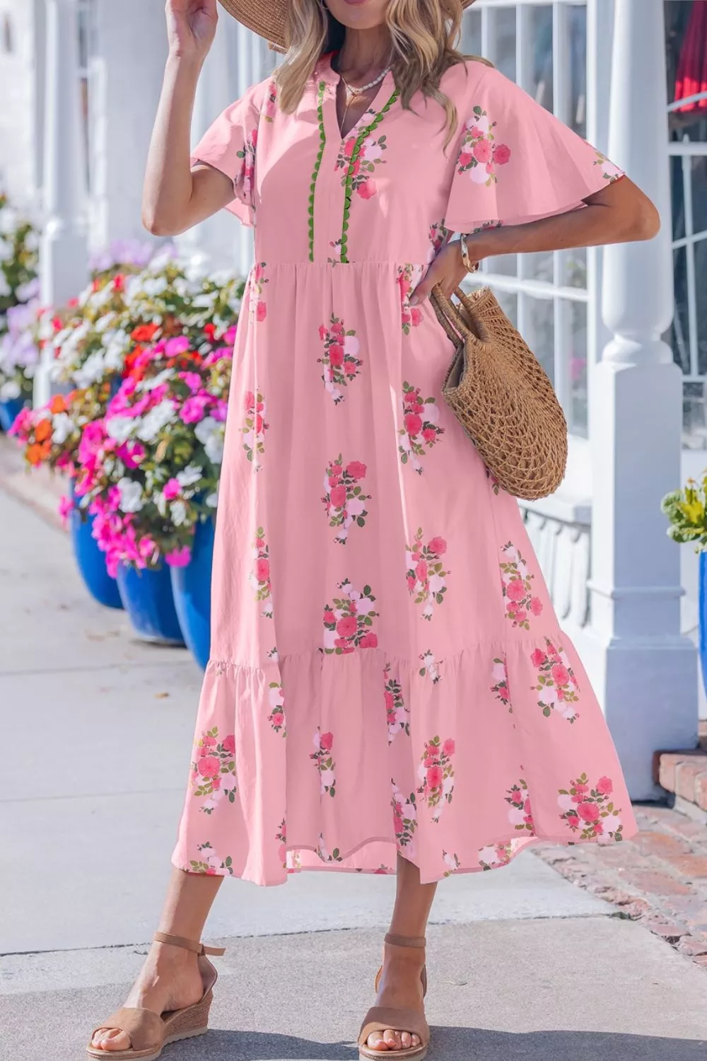 Notched Neck Flutter Short Sleeve Floral Print Dress - Image 5