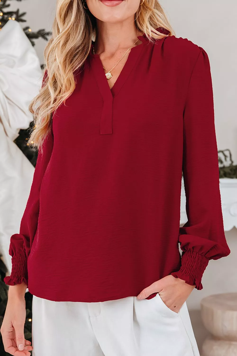Notched Neck Shirred Cuff Long Sleeve Blouse - Image 4