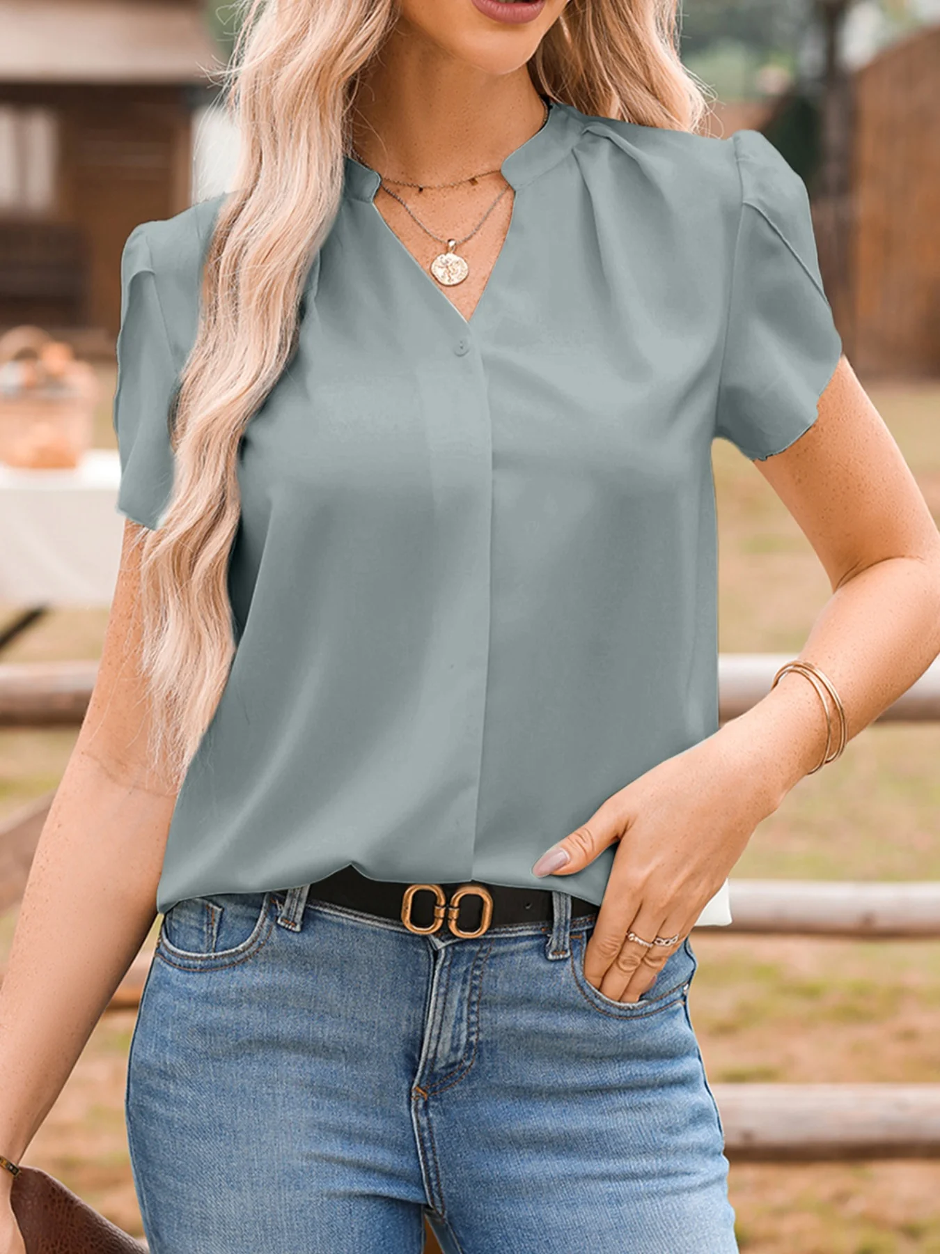 Notched Neckline Petal Sleeve Blouse - Image 4