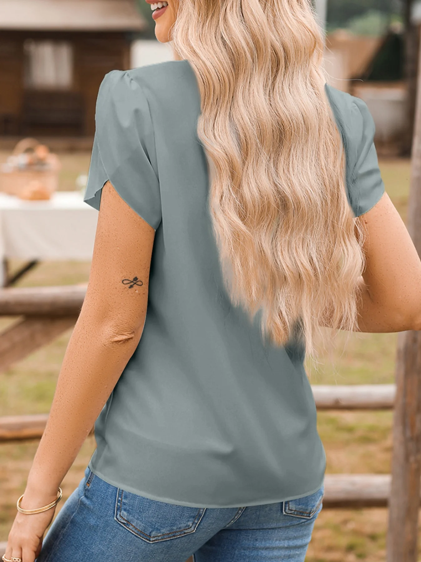 Notched Neckline Petal Sleeve Blouse - Image 5