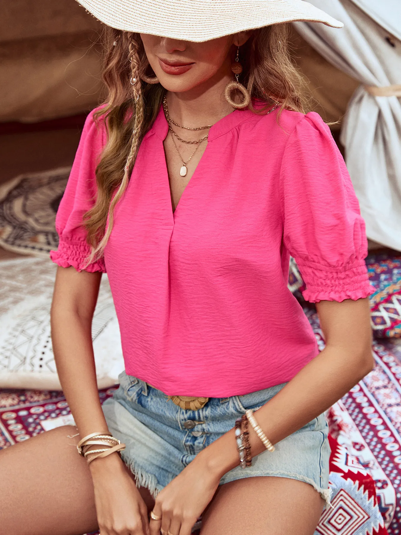 Notched Puff Sleeve Blouse - Image 4