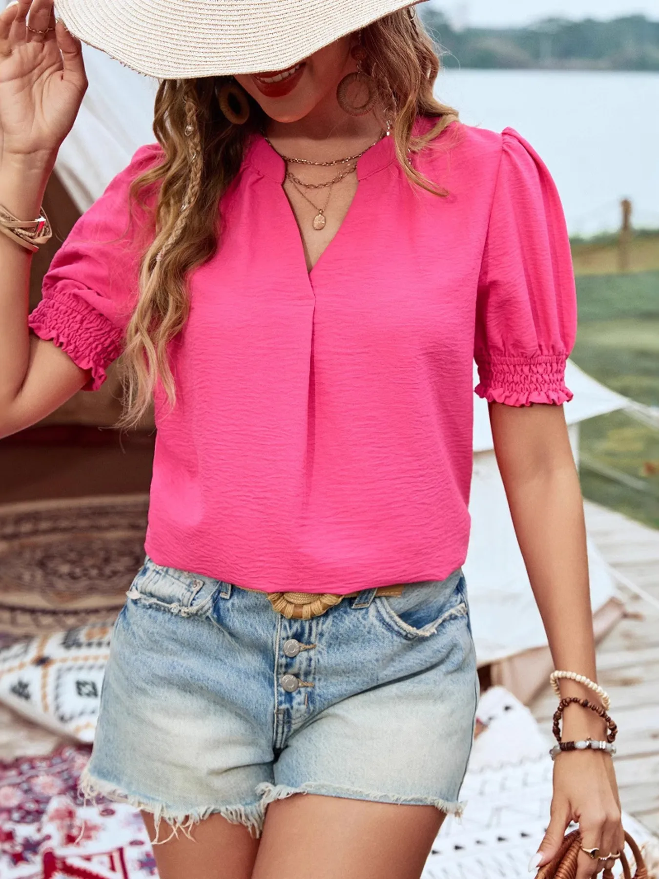 Notched Puff Sleeve Blouse - Image 6