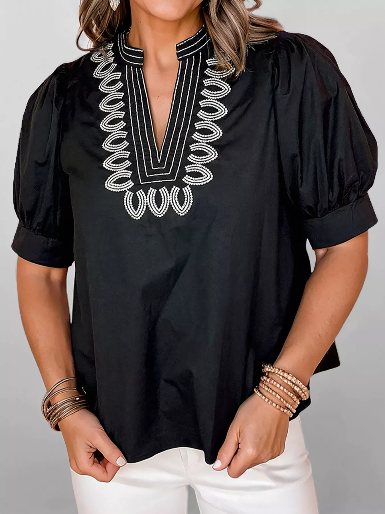 Notched Puff Sleeve Blouse