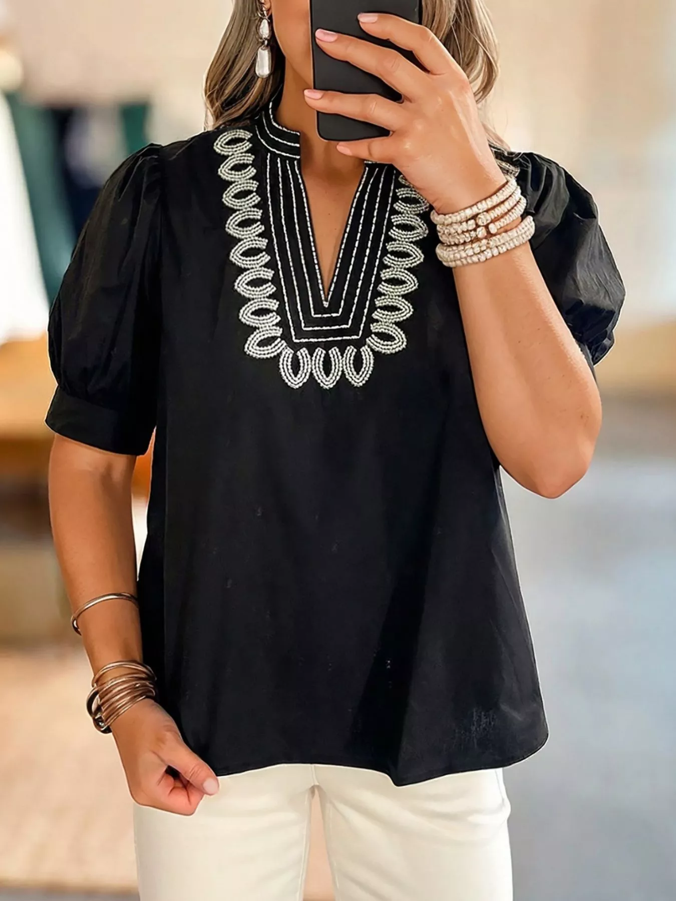Notched Puff Sleeve Blouse - Image 3