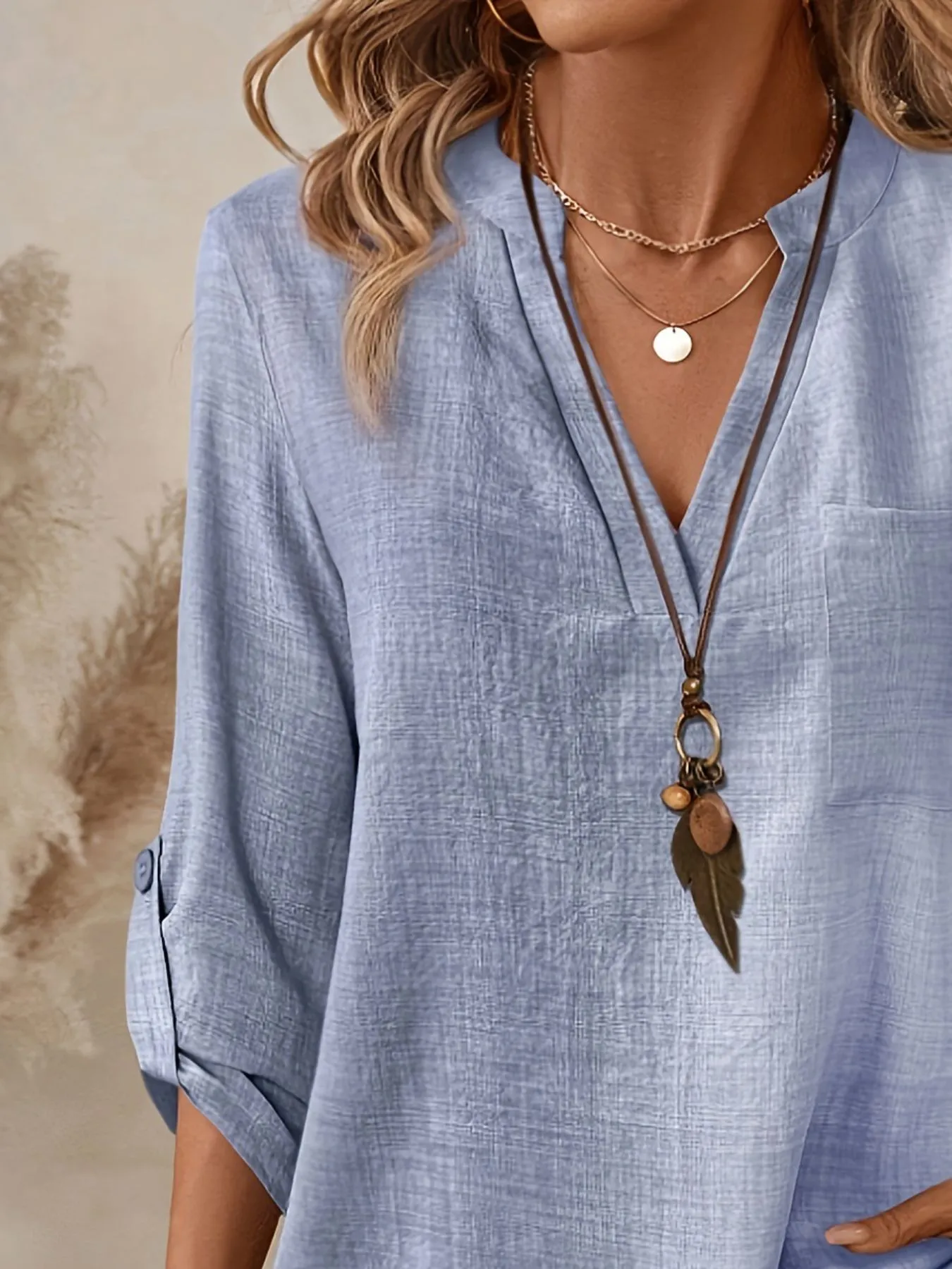 Notched Roll-Tab Sleeves Blouse - Image 22