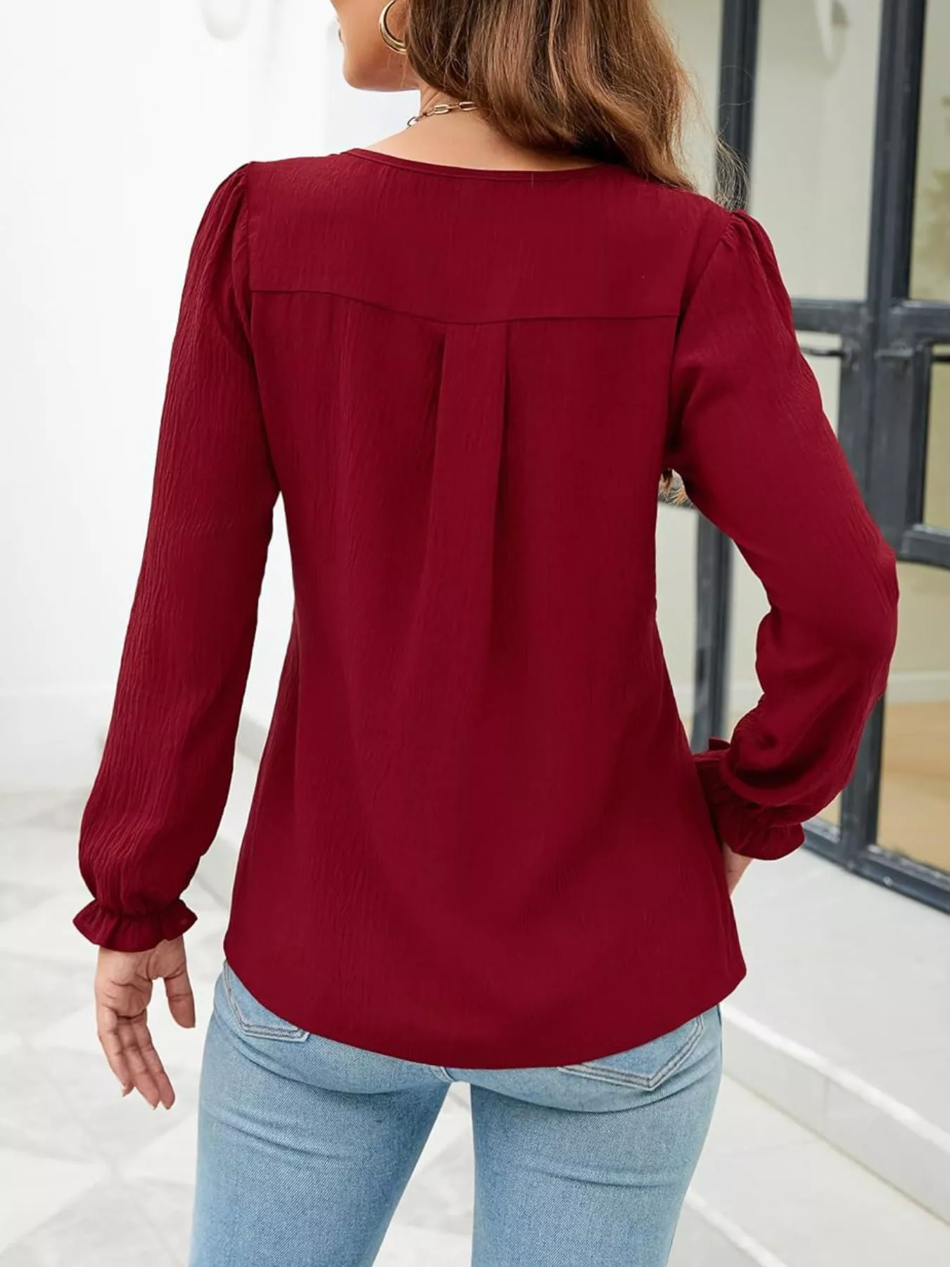 Notched Ruffle Cuff Blouse - Image 4