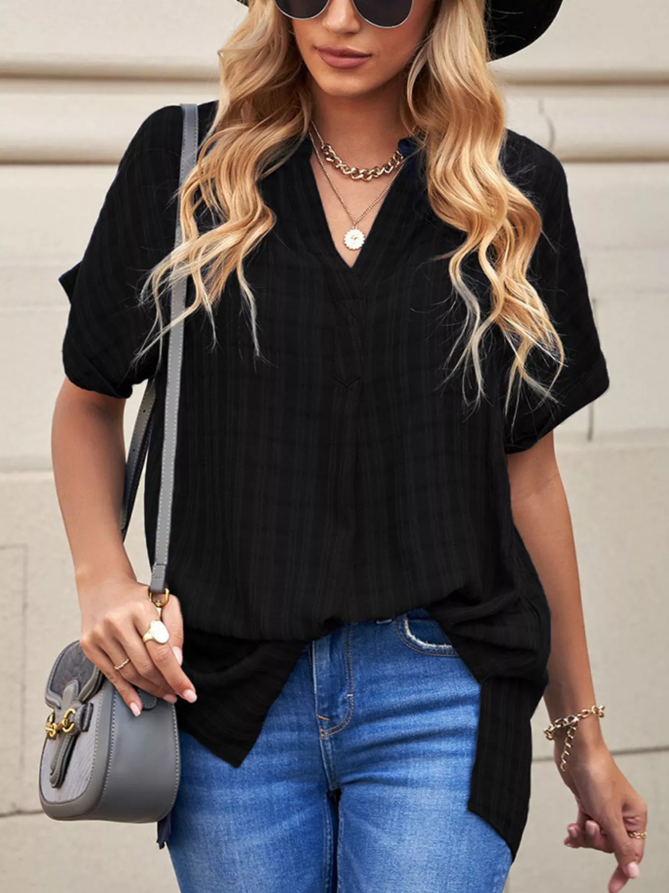 Notched Short Sleeve Blouse - Image 14