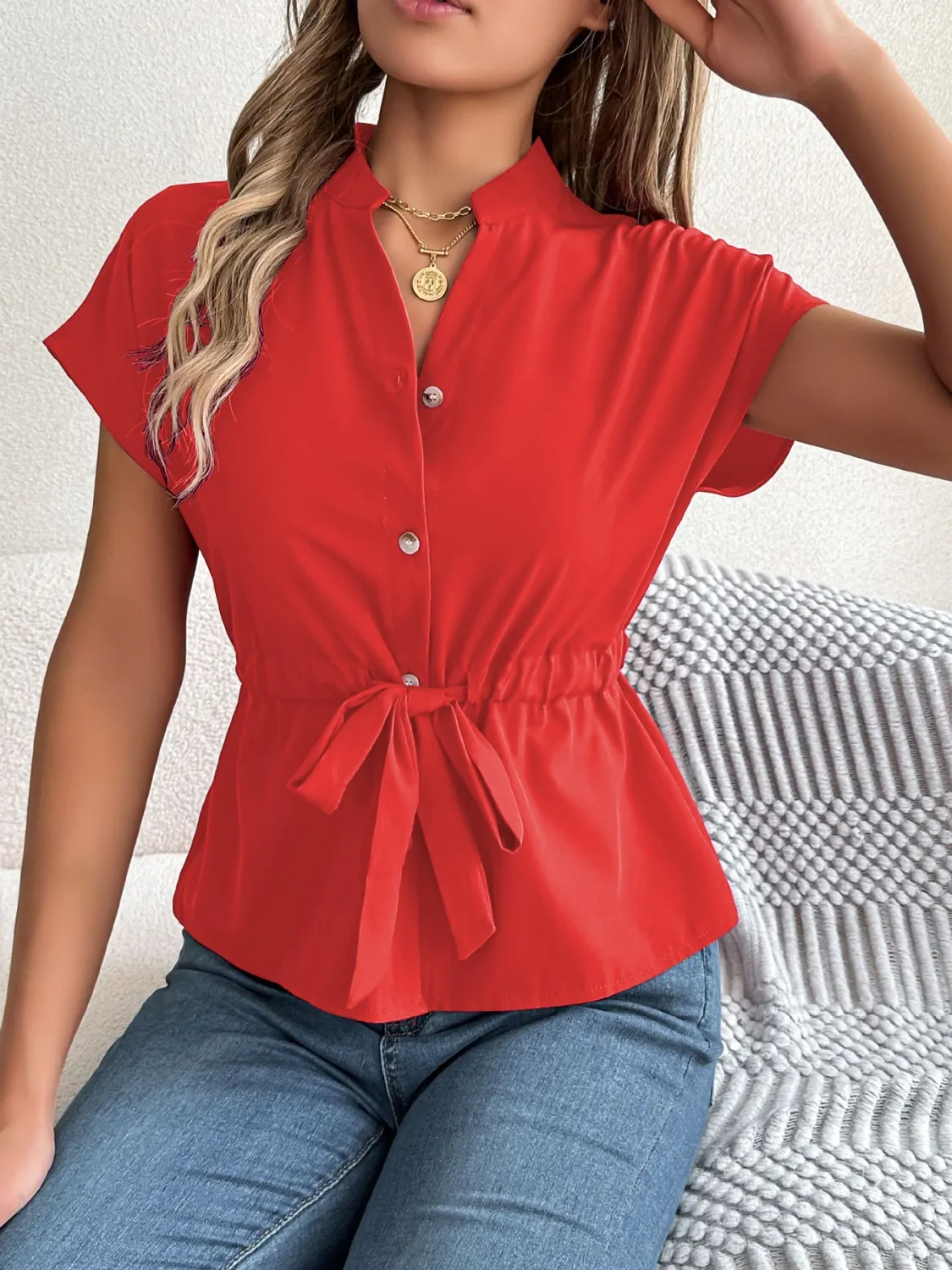 Notched Short Sleeve Blouse - Image 2