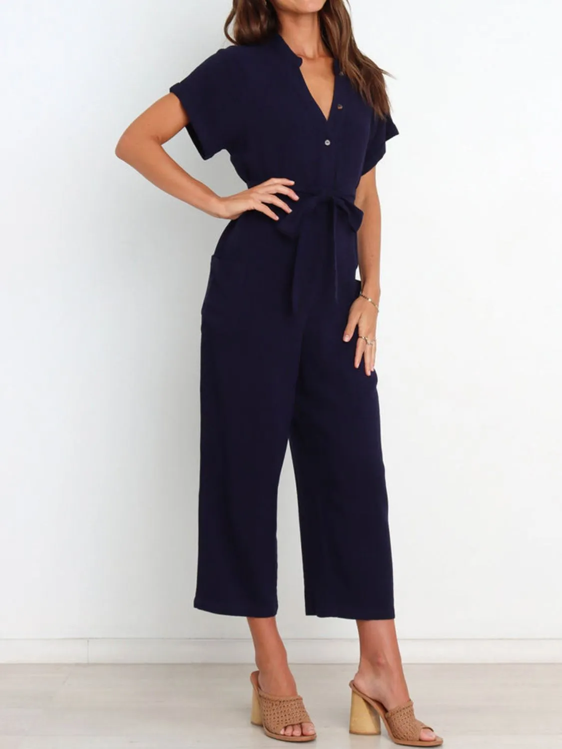 Notched Short Sleeve Tie Waist Jumpsuit - Image 5