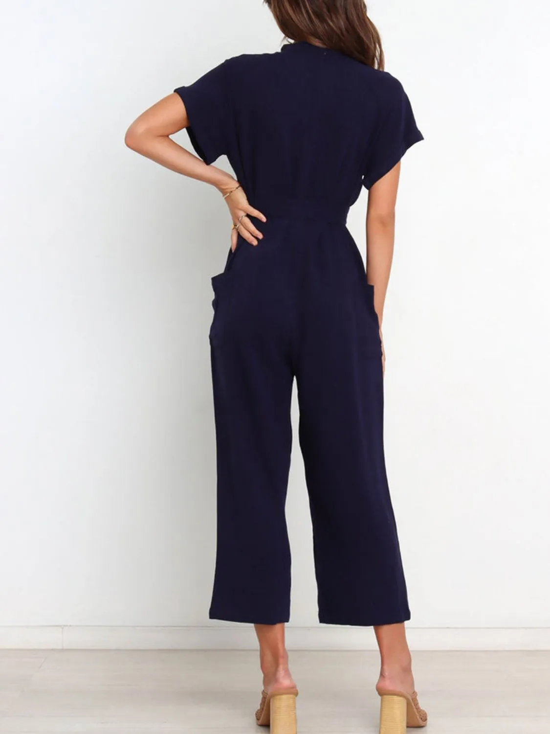 Notched Short Sleeve Tie Waist Jumpsuit - Image 7
