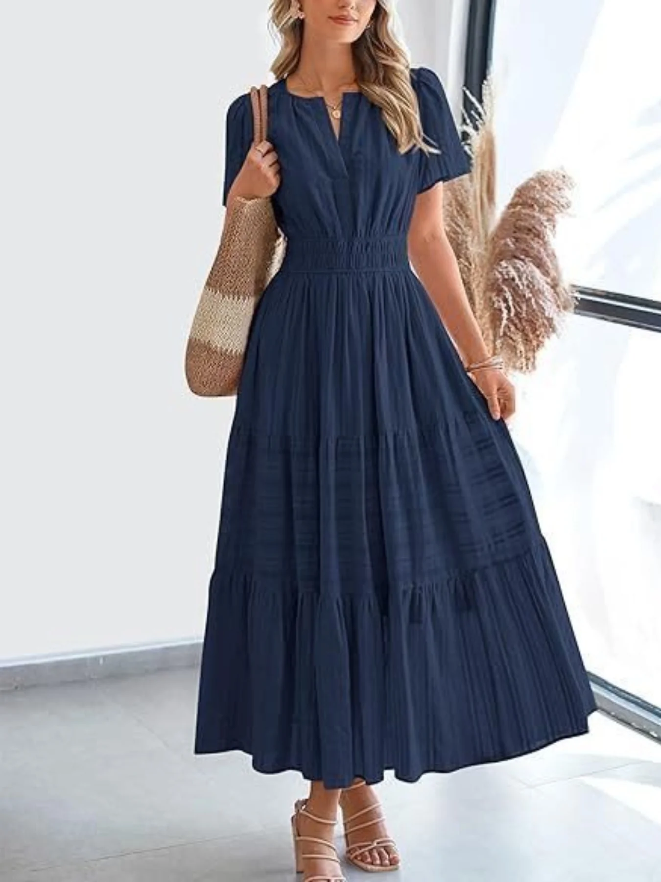 Notched Short Sleeve Tiered Dress - Image 5