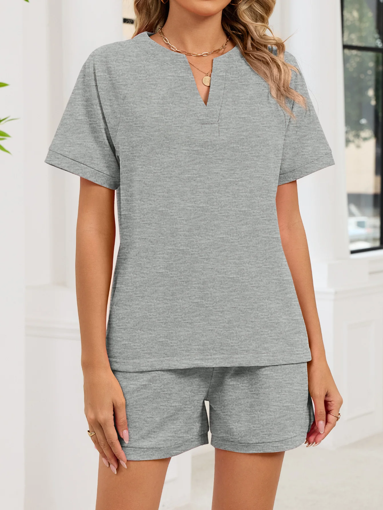 Notched Short Sleeve Top and Shorts Set - Image 10