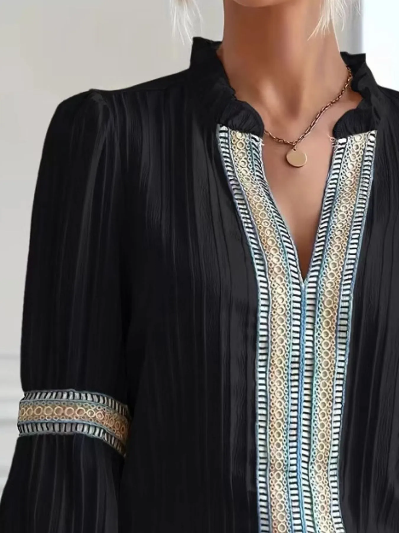 Notched Textured Balloon Sleeve Blouse - Image 6