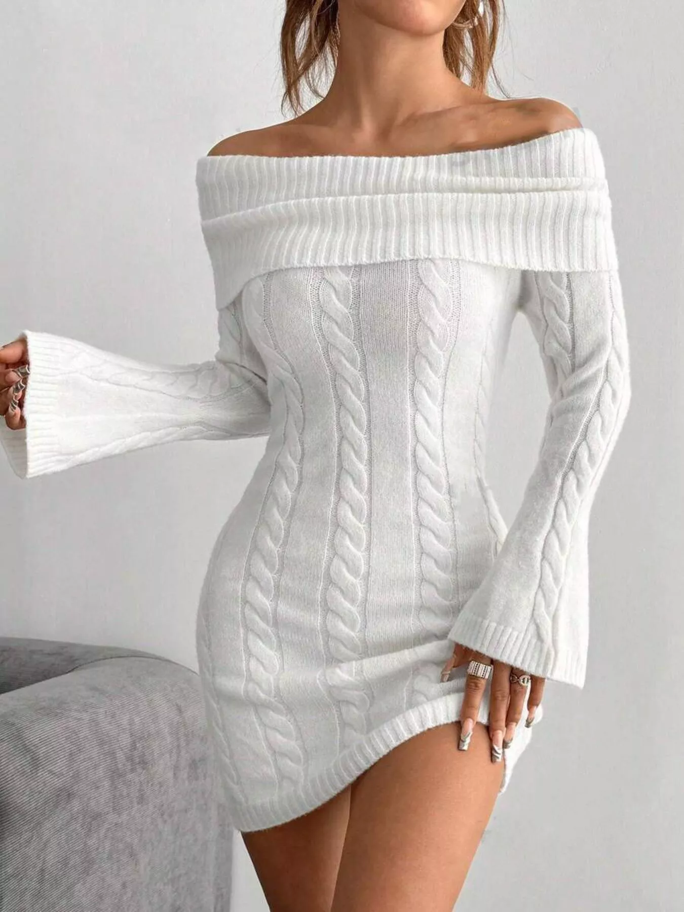 Off-Shoulder Cable Knit Bodycon Sweater Dress - Image 3