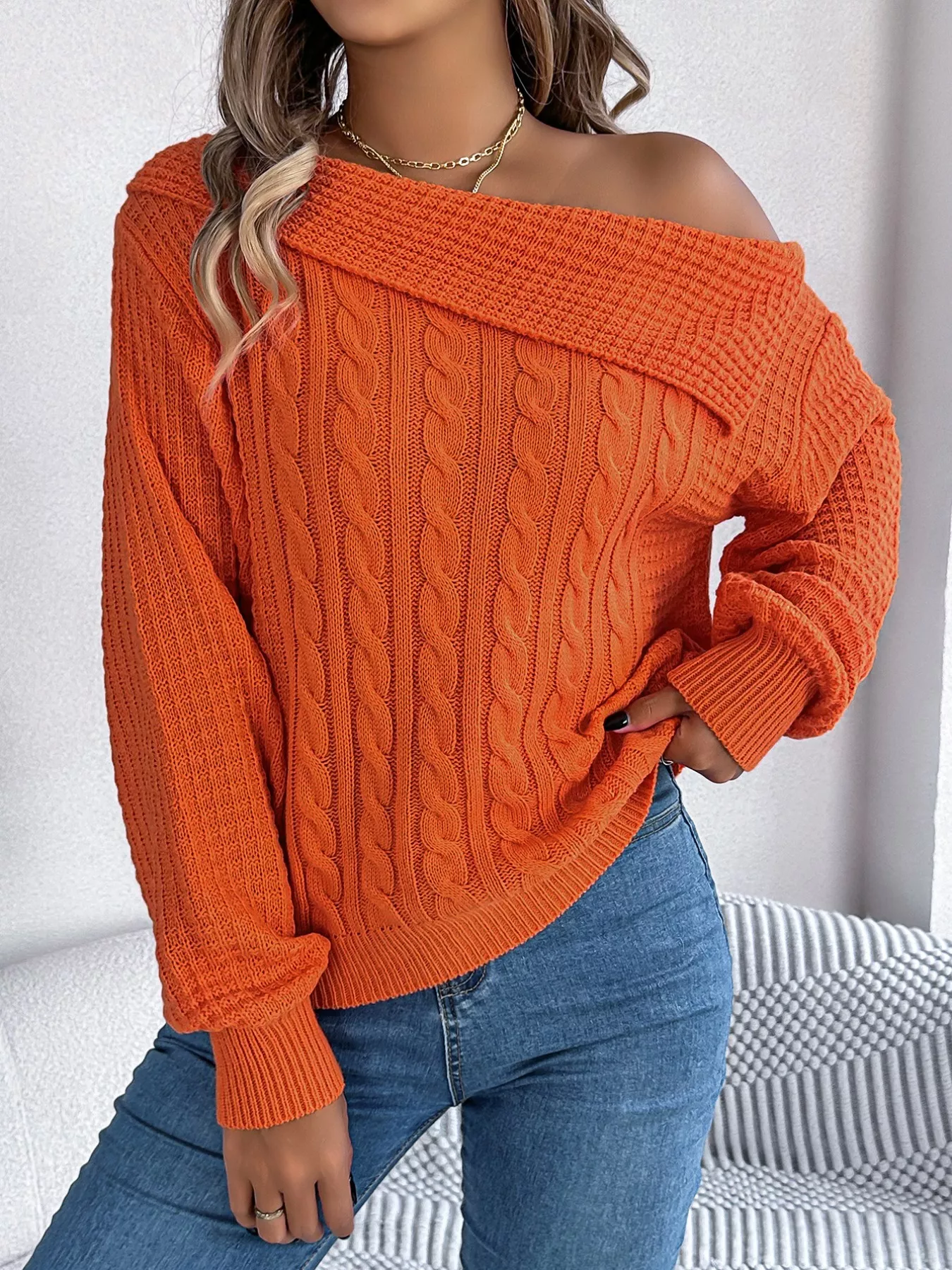 Off-Shoulder Cable Knit Sweater - Image 12