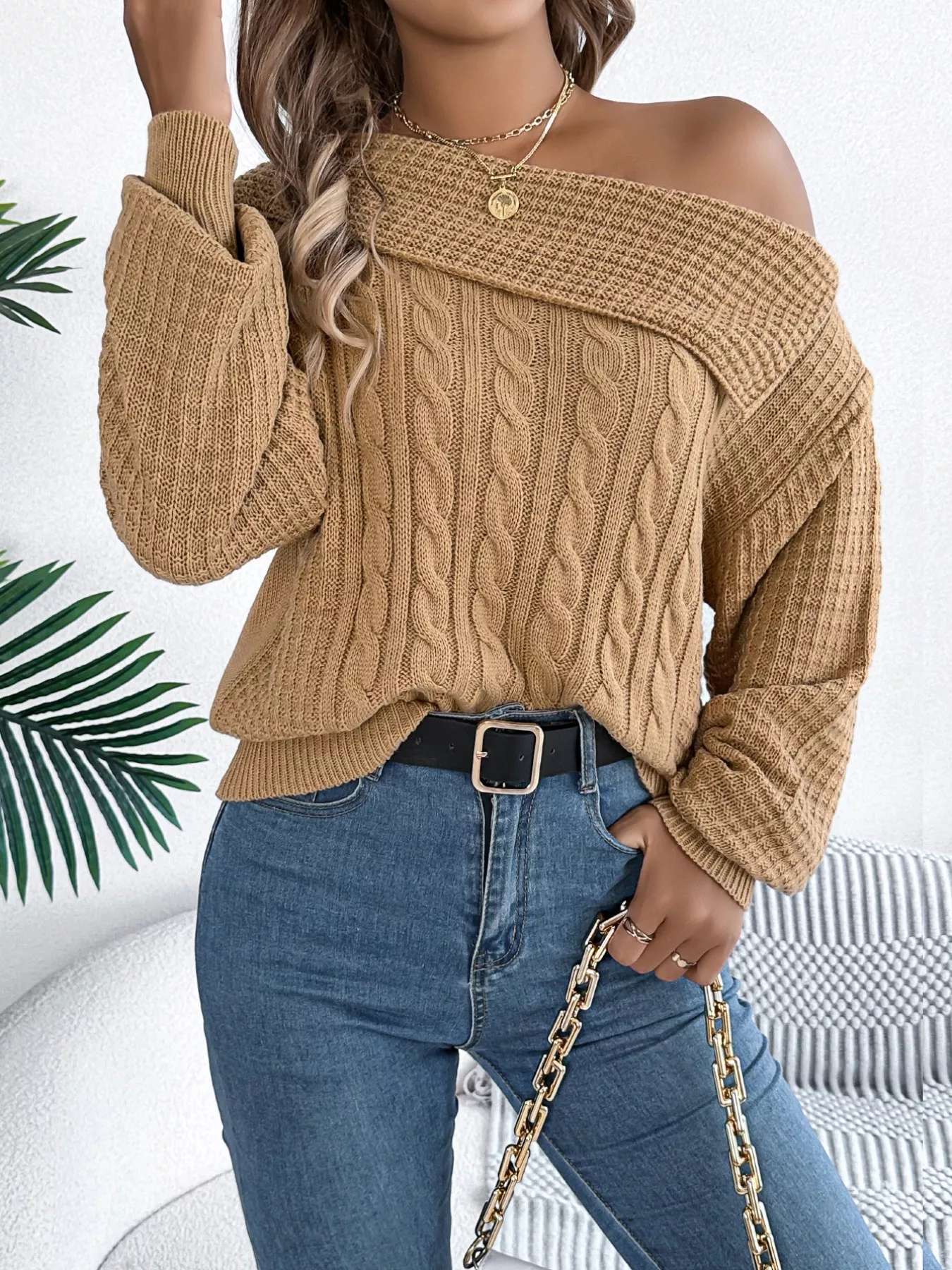 Off-Shoulder Cable Knit Sweater - Image 14