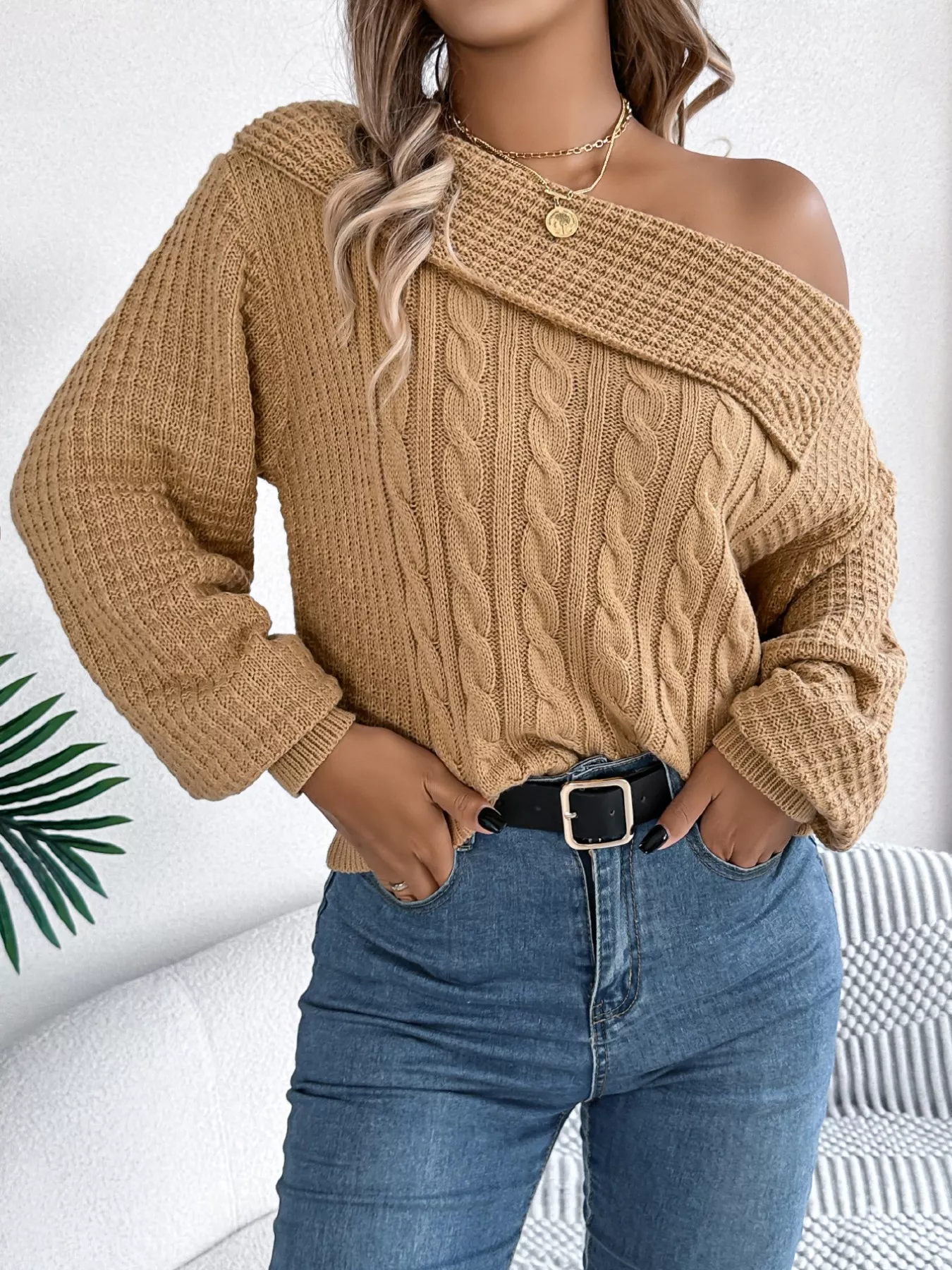 Off-Shoulder Cable Knit Sweater - Image 15