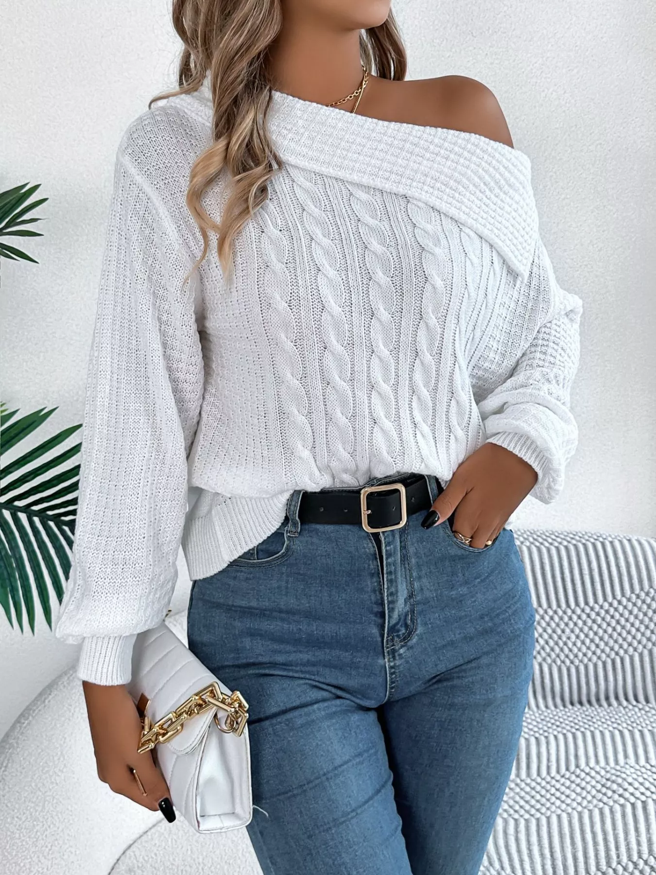 Off-Shoulder Cable Knit Sweater - Image 5