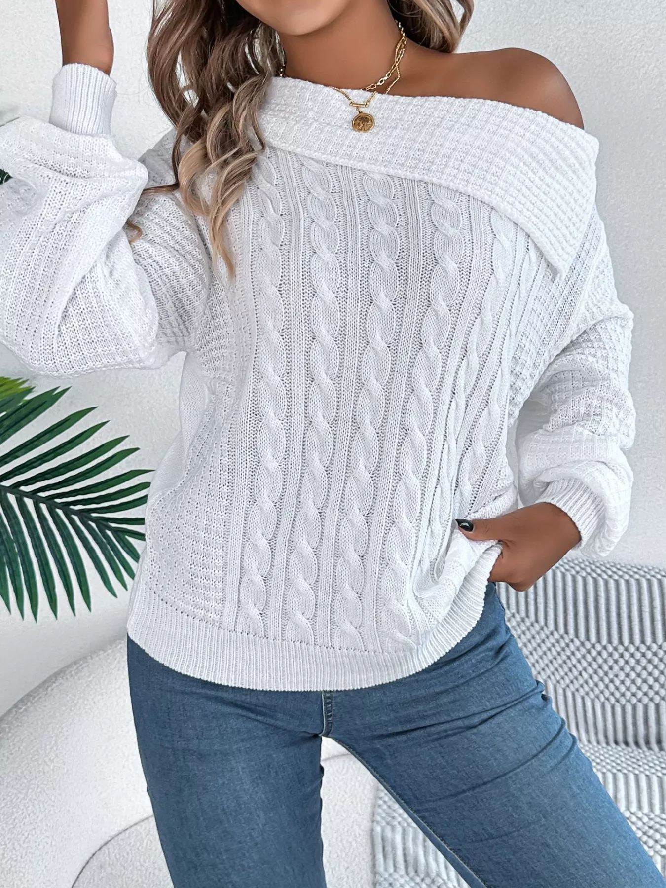 Off-Shoulder Cable Knit Sweater - Image 6