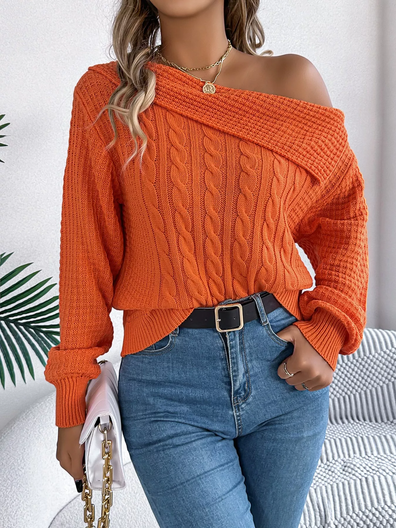 Off-Shoulder Cable Knit Sweater - Image 8