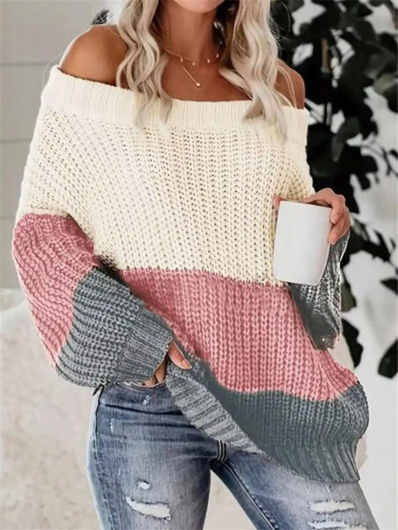 Off-Shoulder Color Block Sweater - Image 4